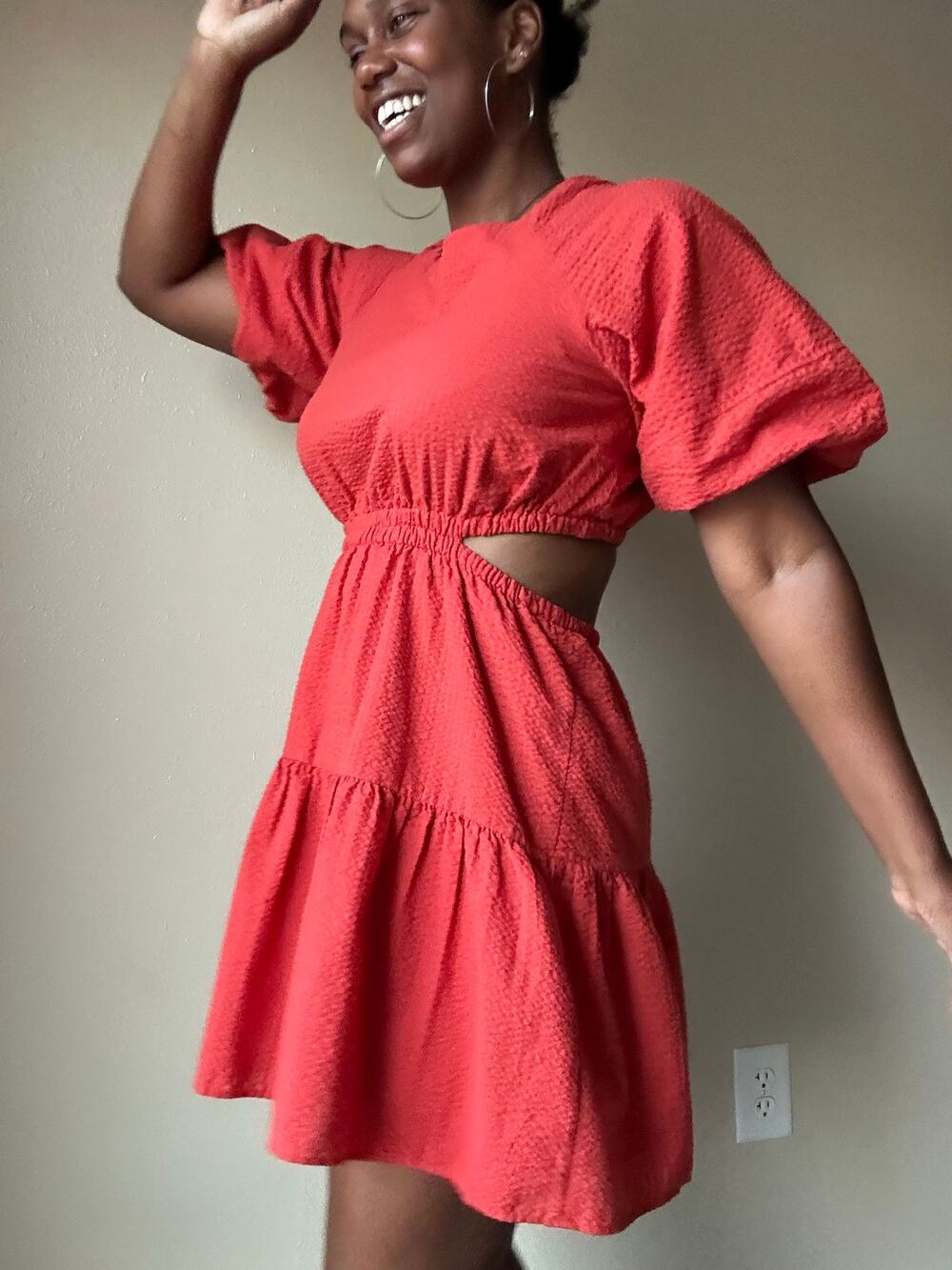 Madewell Fall Seersucker Orange Puff Sleeve Side Cutout Mini Dress Size Medium
